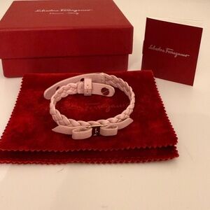 Salvatore Ferragamo Pale Pink Braided Leather Bow Bracelet